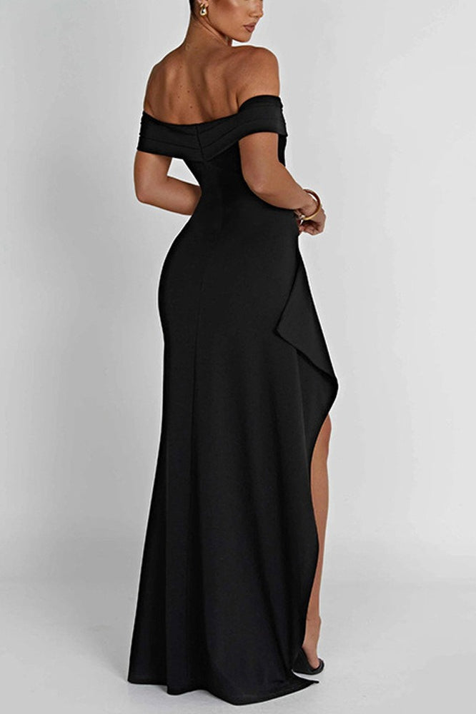 Off Shoulder Ruched High Split Mermaid Maxi Dress in Pink - View 6