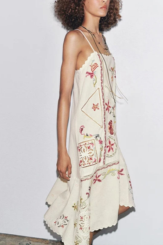Embroidered Square Neck Spaghetti Strap Slip Midi Dress 9