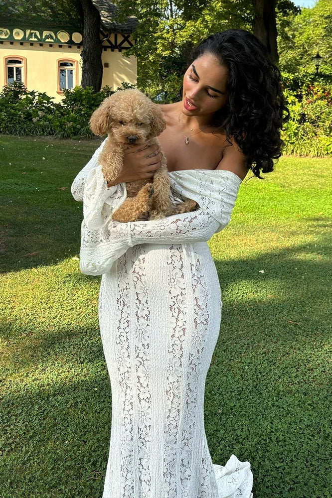 Lace Off Shoulder Long Sleeve Mermaid Dress 2