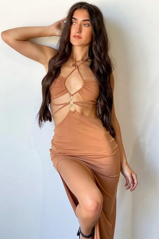 Gingham Halter Neck Cut-Out Tiered Maxi Dress