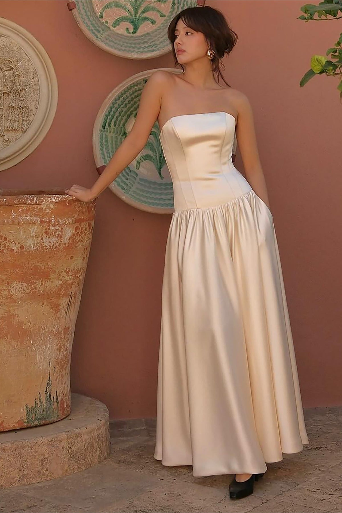 Satin Strapless Drop Waist Corset A-Line Prom Gown