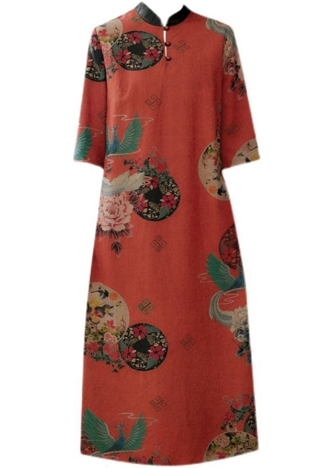 Medallion Print Mandarin Collar Frog Button Half Midi Dress - View 5