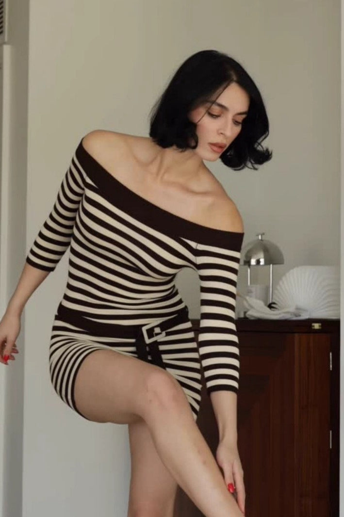 Striped Knit Off-Shoulder Belted Bodycon Mini Dress