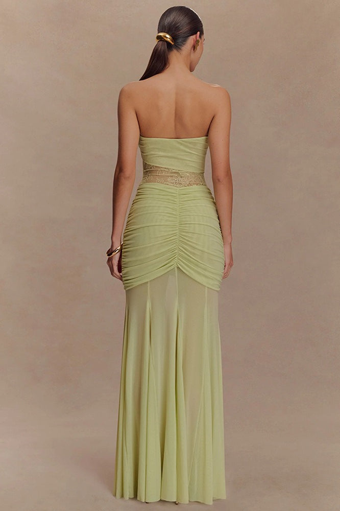 Lace Strapless Twist Ruched Mesh Mermaid Gown 3