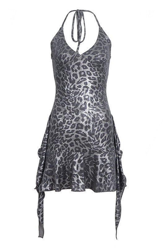 Leopard Print Halter Neck Ruched Ruffle Mini Dress