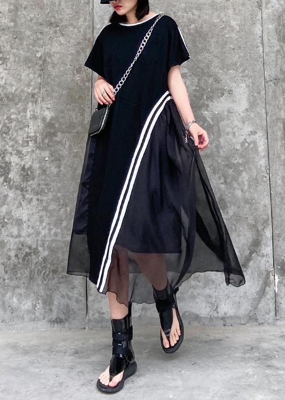 Mesh Overlay Crew Neck Short Sleeve Pocket Diagonal Stripe Midi Dress
