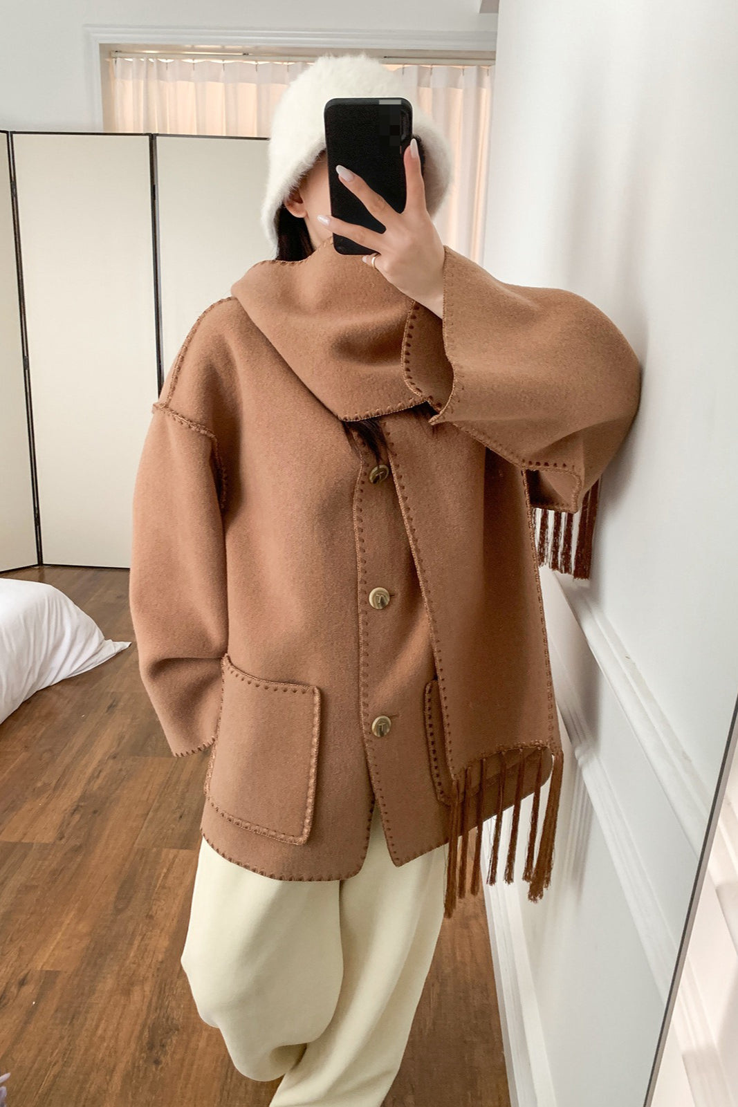 Scarf Collar Tassel Solid Wool Embroidered Coat