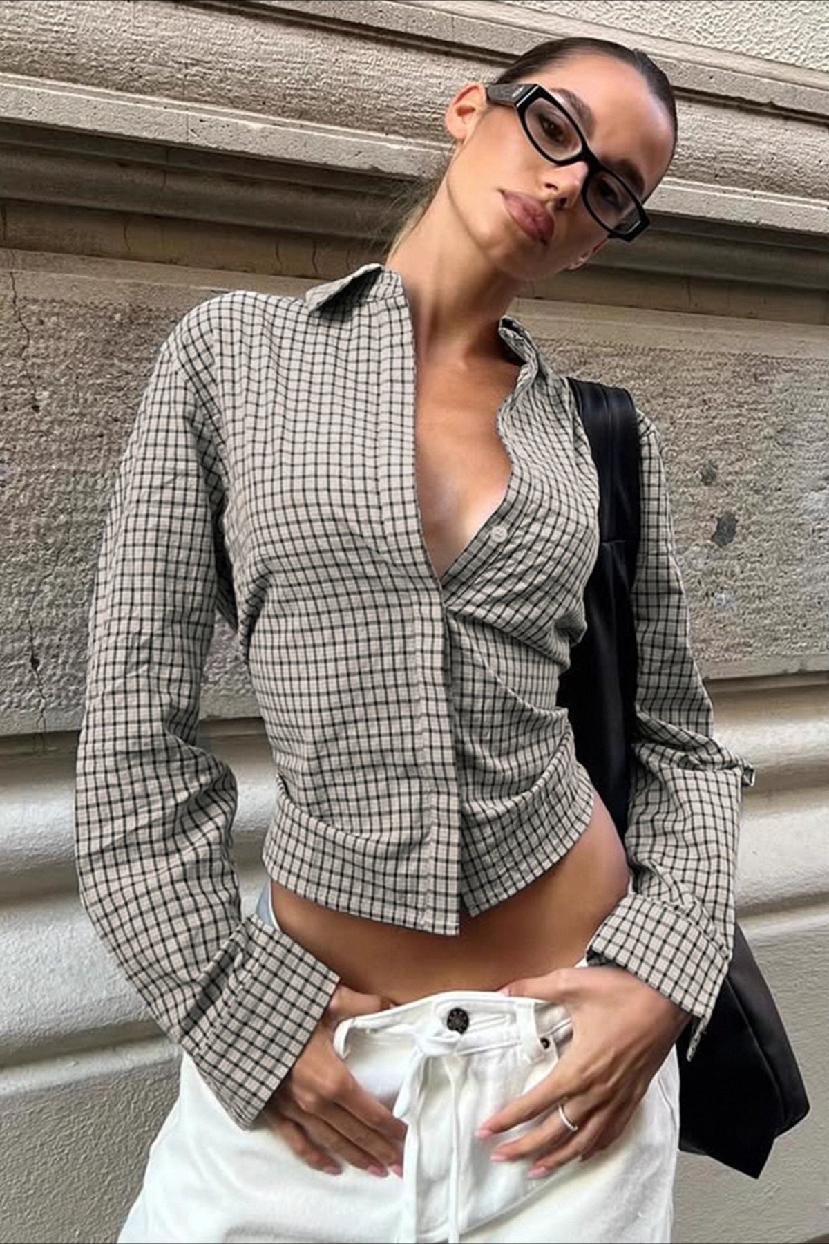 Retro Checkered Belted Blouse