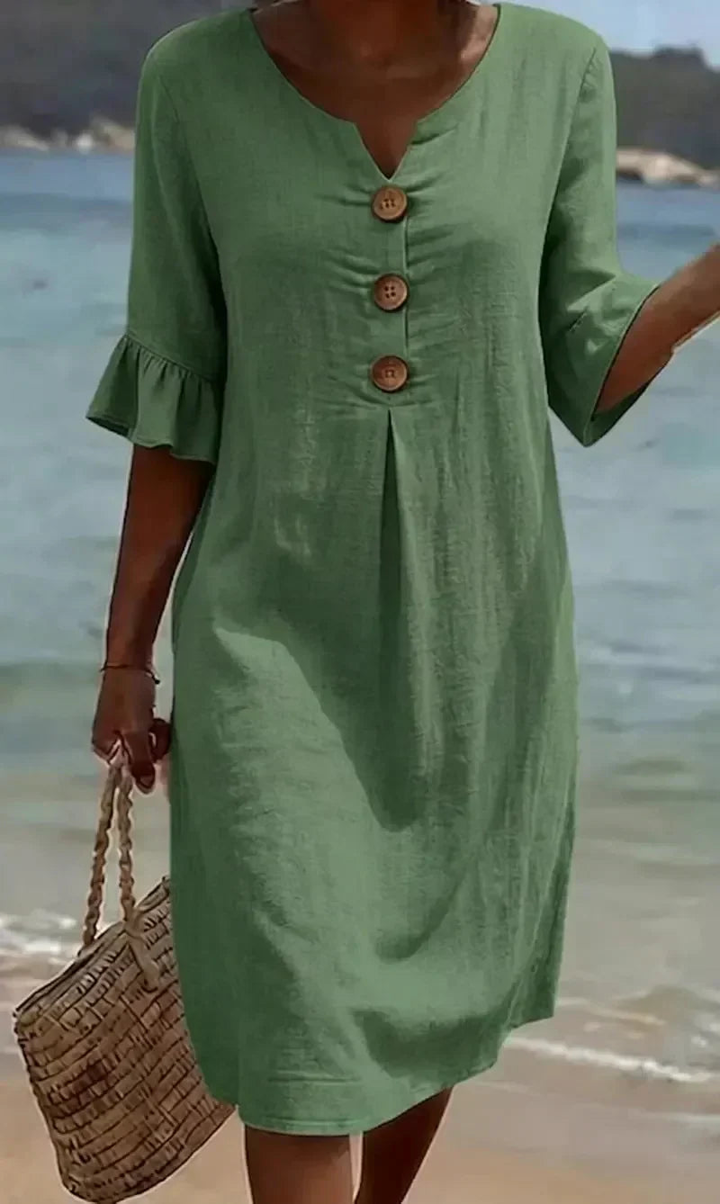 V-Neck Button Placket Flutter Sleeve Linen Look Midi Dress 2