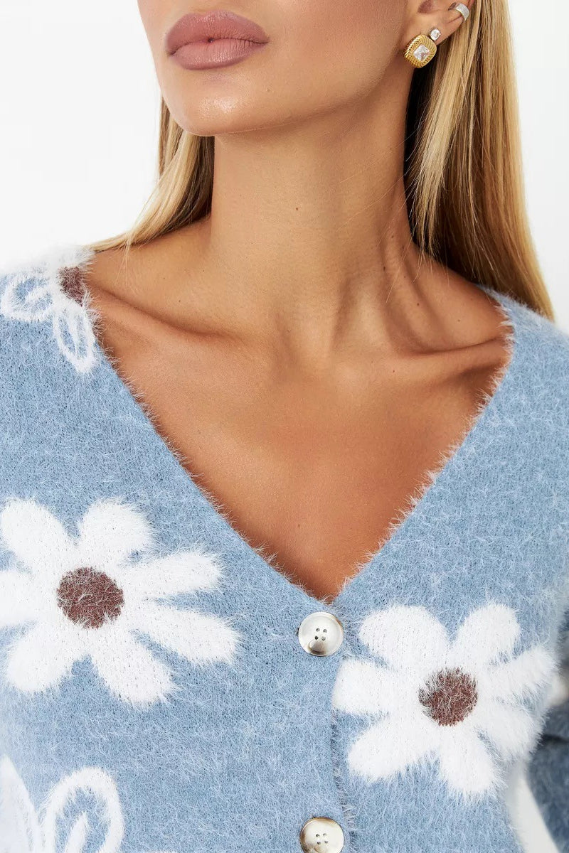 Floral V-Neck Knit Cardigan with Long Sleeves for Elegance
