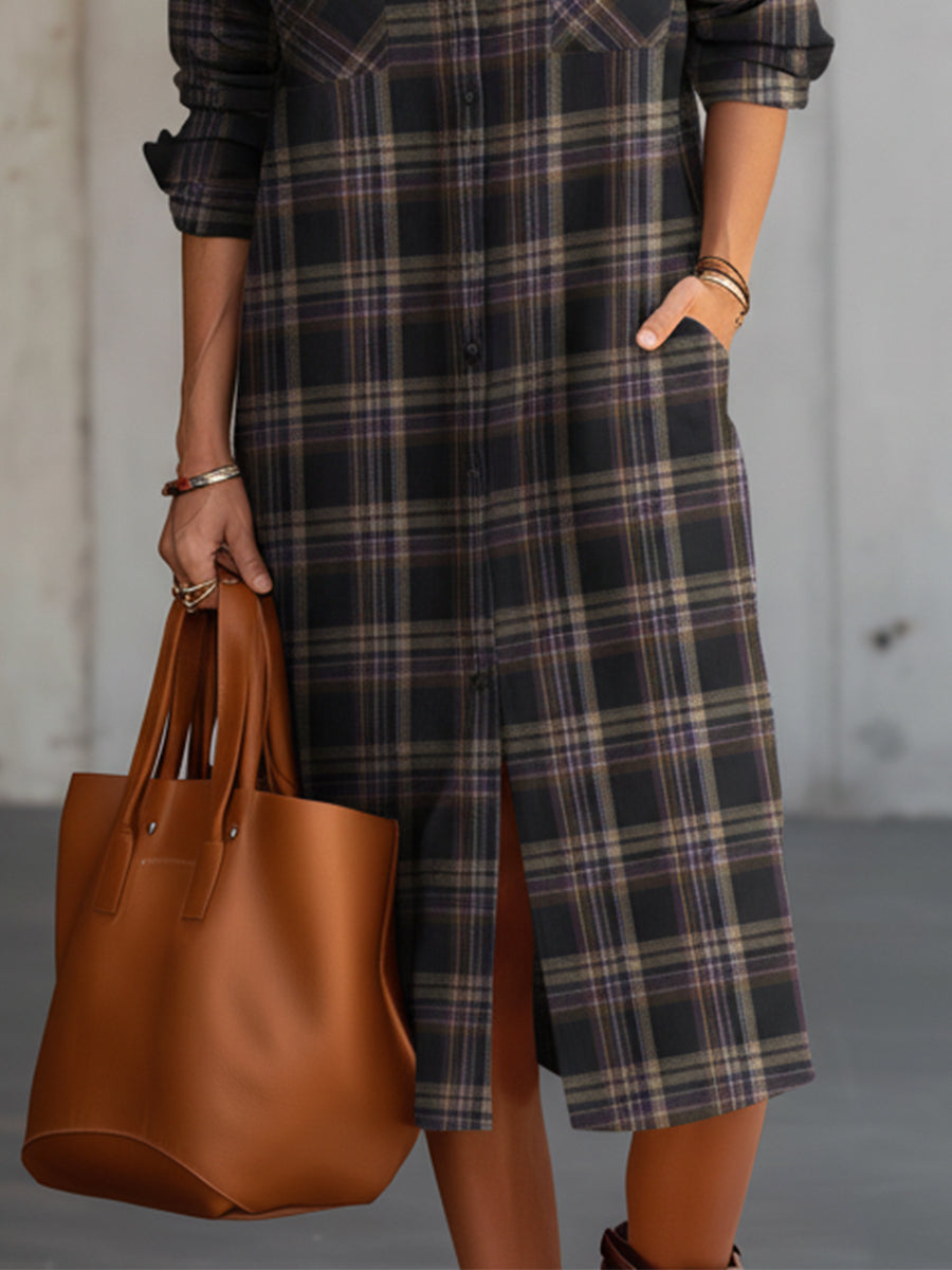 Retro Wool Plaid Straight Shirt Mid-length Dress - Fashionpara