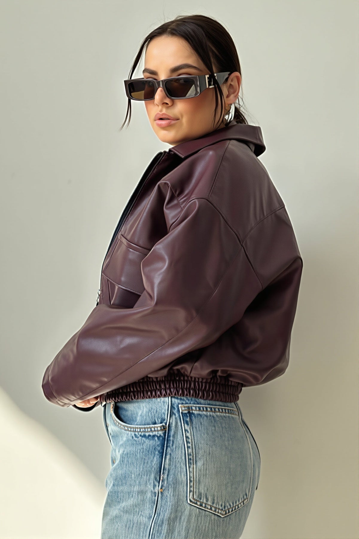 Washed Faux Leather Utility Bomber Jacket 6