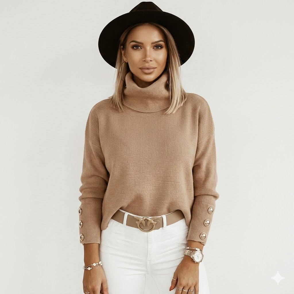 Turtleneck Long Sleeve Button Cuff Knit Sweater