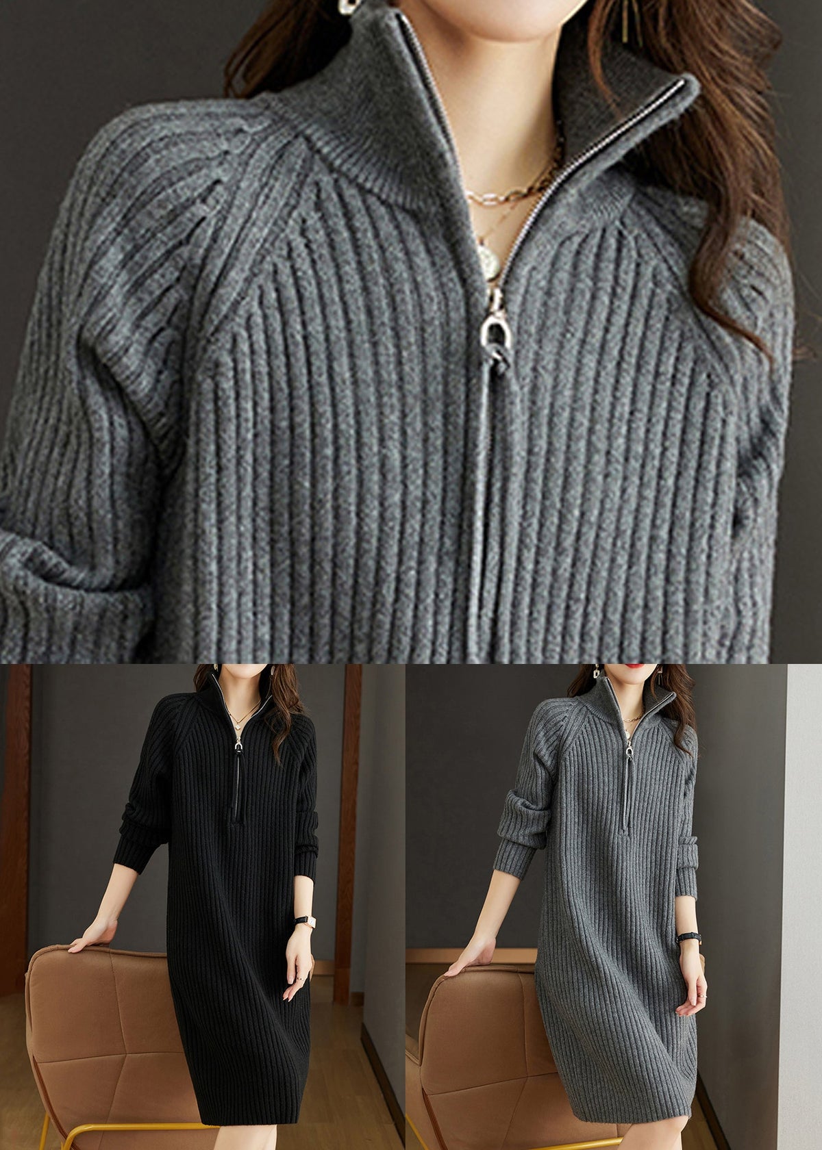 Ribbed Knit Mock Neck Half Zip Long Sleeve Shift Knee Length Dress - View 5