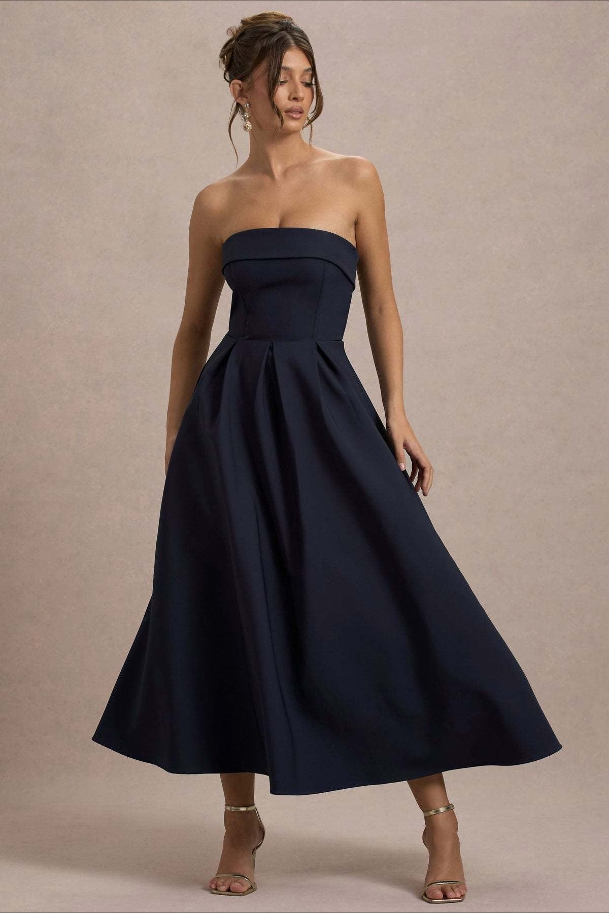 Strapless Fold Over Neck Box Pleat A-Line Midi Cocktail Dress