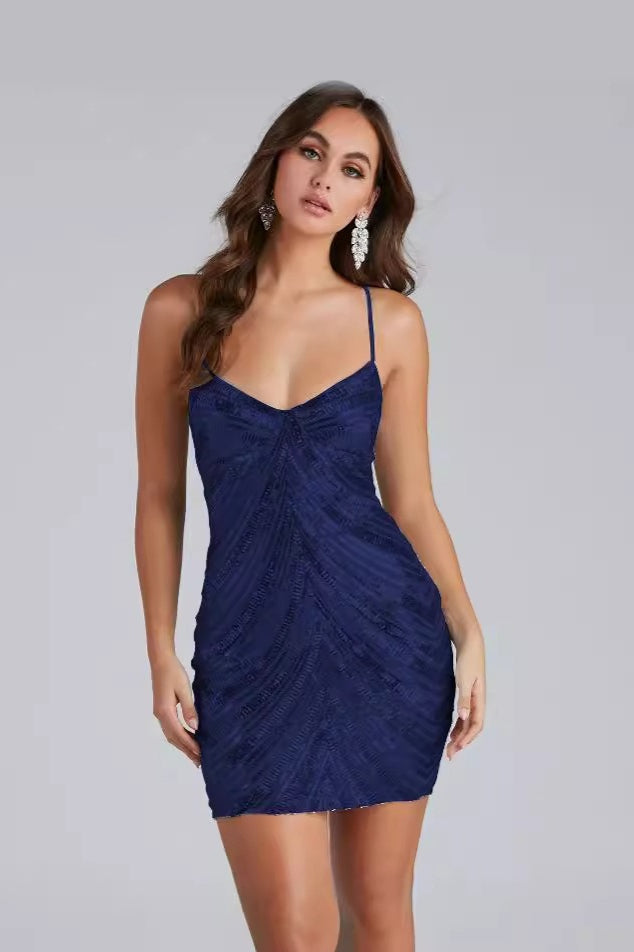 Sequin Chevron Spaghetti Strap V-Neck Bodycon Mini Party Dress - View 3
