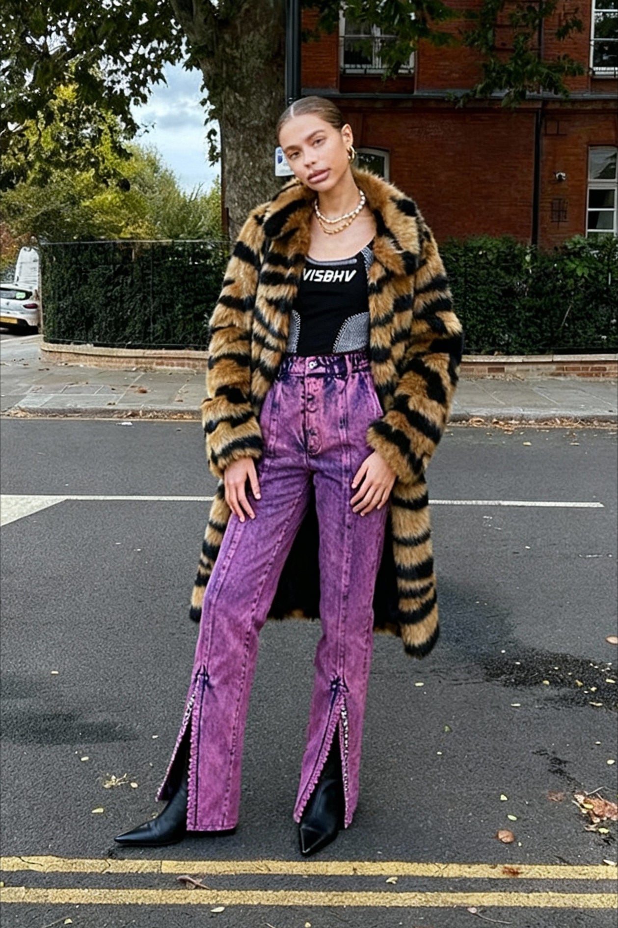 Faux Fur Tiger Striped Loose Overcoat - Fashionpara