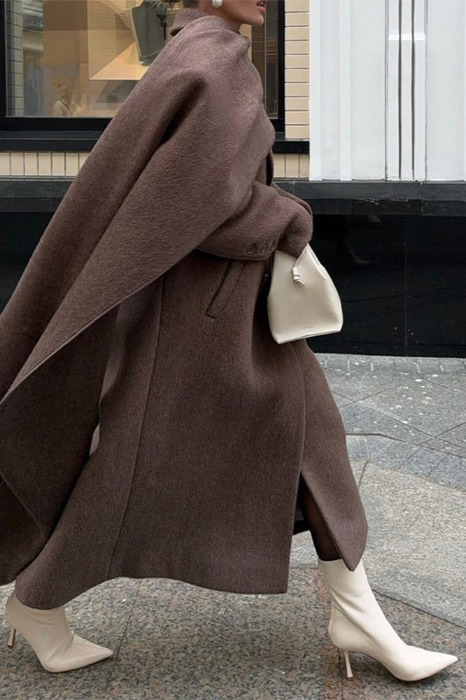 Extra-Long Woolen Overcoat with Scarf Collar for Elegance
