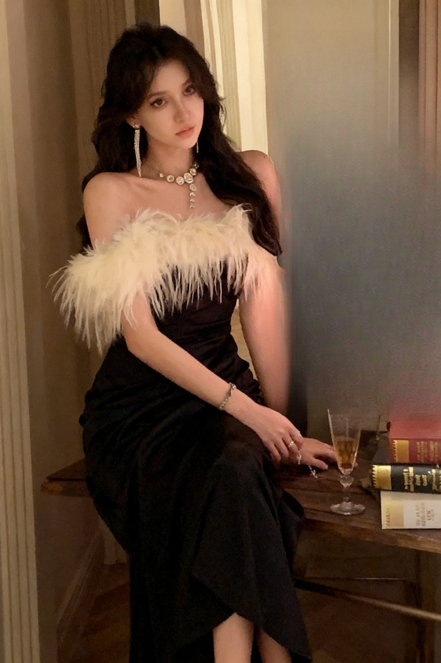 Feather Trim Strapless Ruched Wrap Midi Dress 4