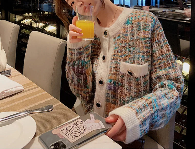 Round Neck Color Matching Knit Autumn Cardigan WHITE / One Size cardiagn-250126