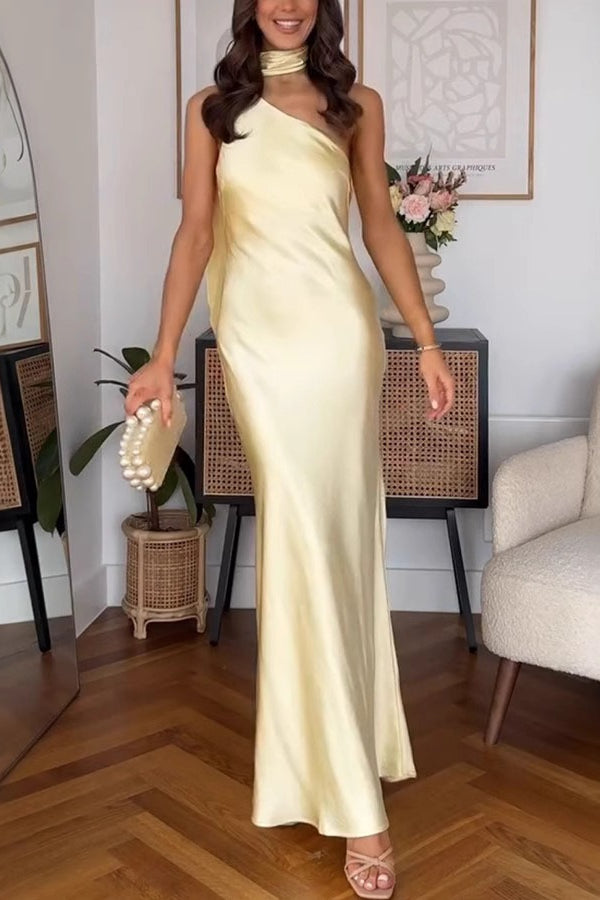 Asymmetrical Shoulder Tie Sleeveless Formal Dress