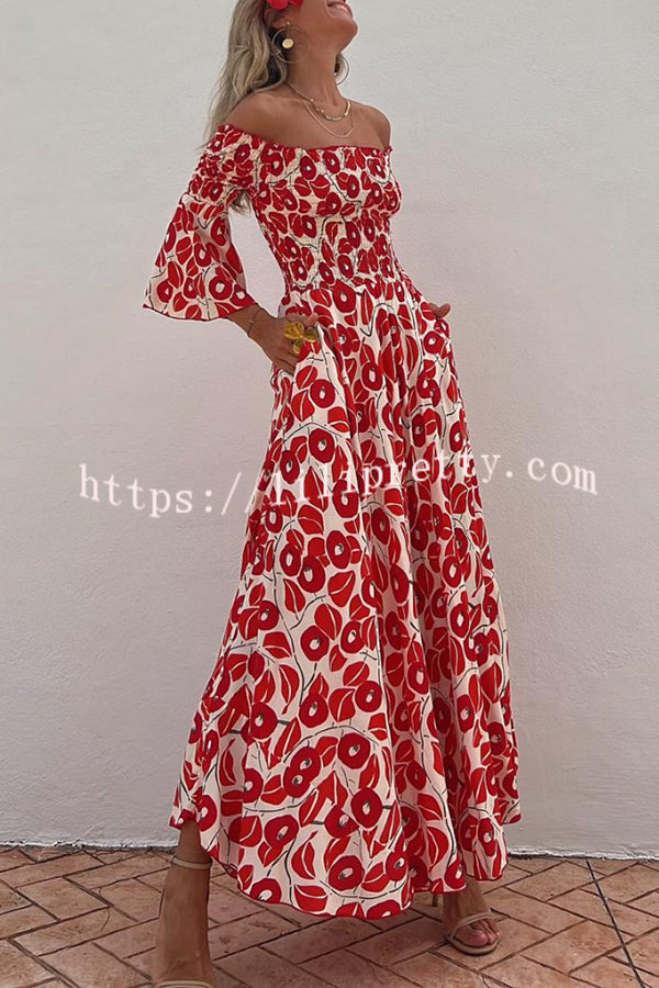 Close To The Vacation Floral Print Smocked Off Shoulder Pocketed Maxi Dress - Fashionpara