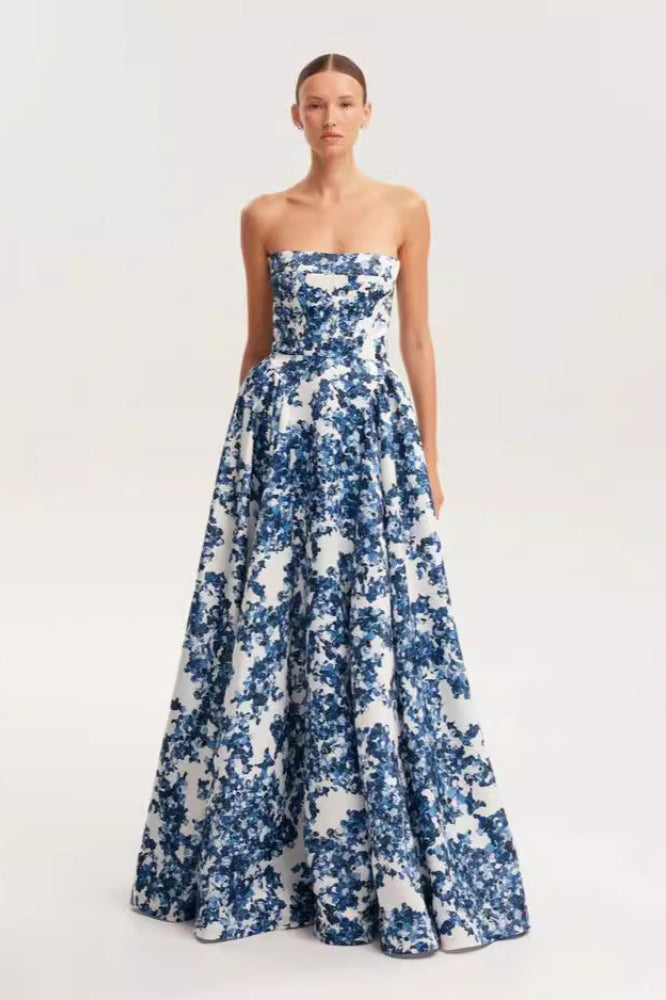 Floral Print Strapless Pleated A-Line Ball Gown