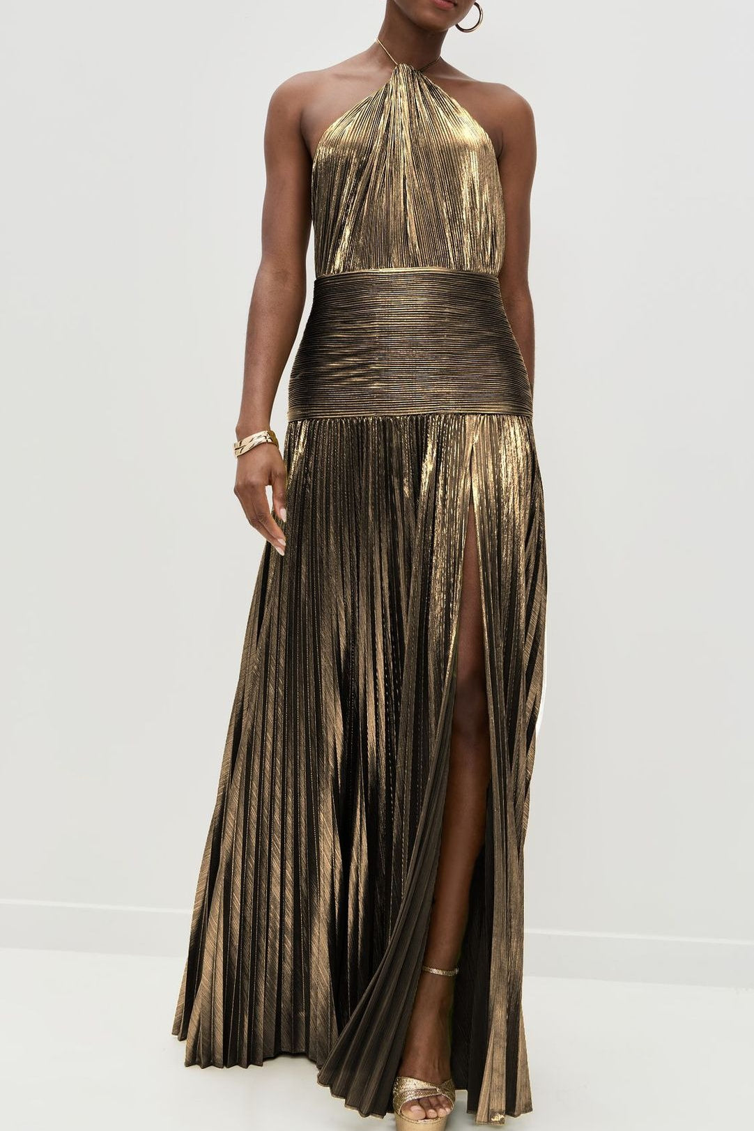 Metallic Pleated Halter Neck High Split Gown