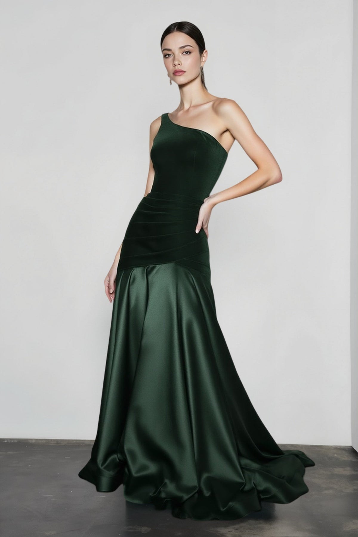 Velvet One Shoulder Satin Mermaid Maxi Gown 6