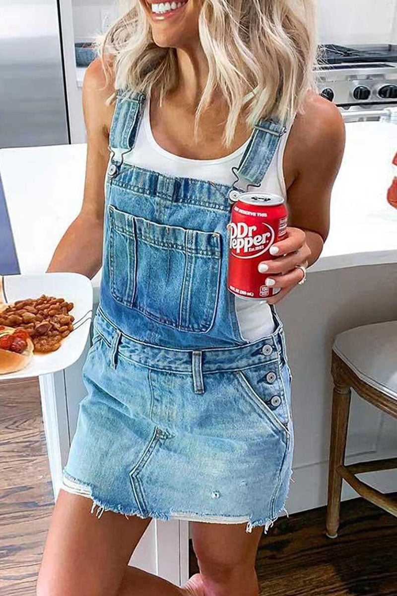 Denim Adjustable Strap Buckle Bib Pocket Raw Frayed Hem Dress