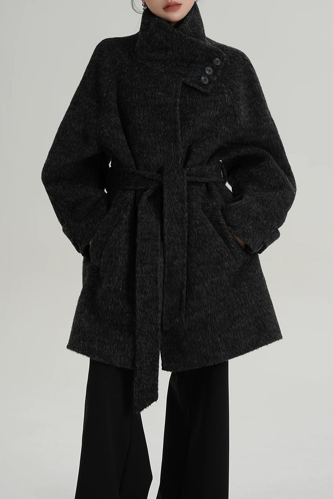 Solid Wool Warm Loose Mock-neck Coat 11