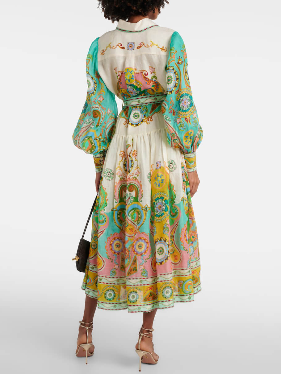 Unique Exquisite Print Puff Sleeve Tie Midi Dress - Fashionpara