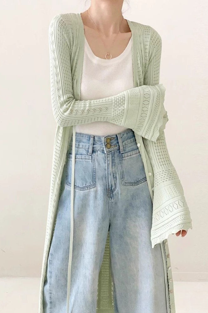 Light Green V-Neck Bell-Sleeve Midi Knit Cardigan for All