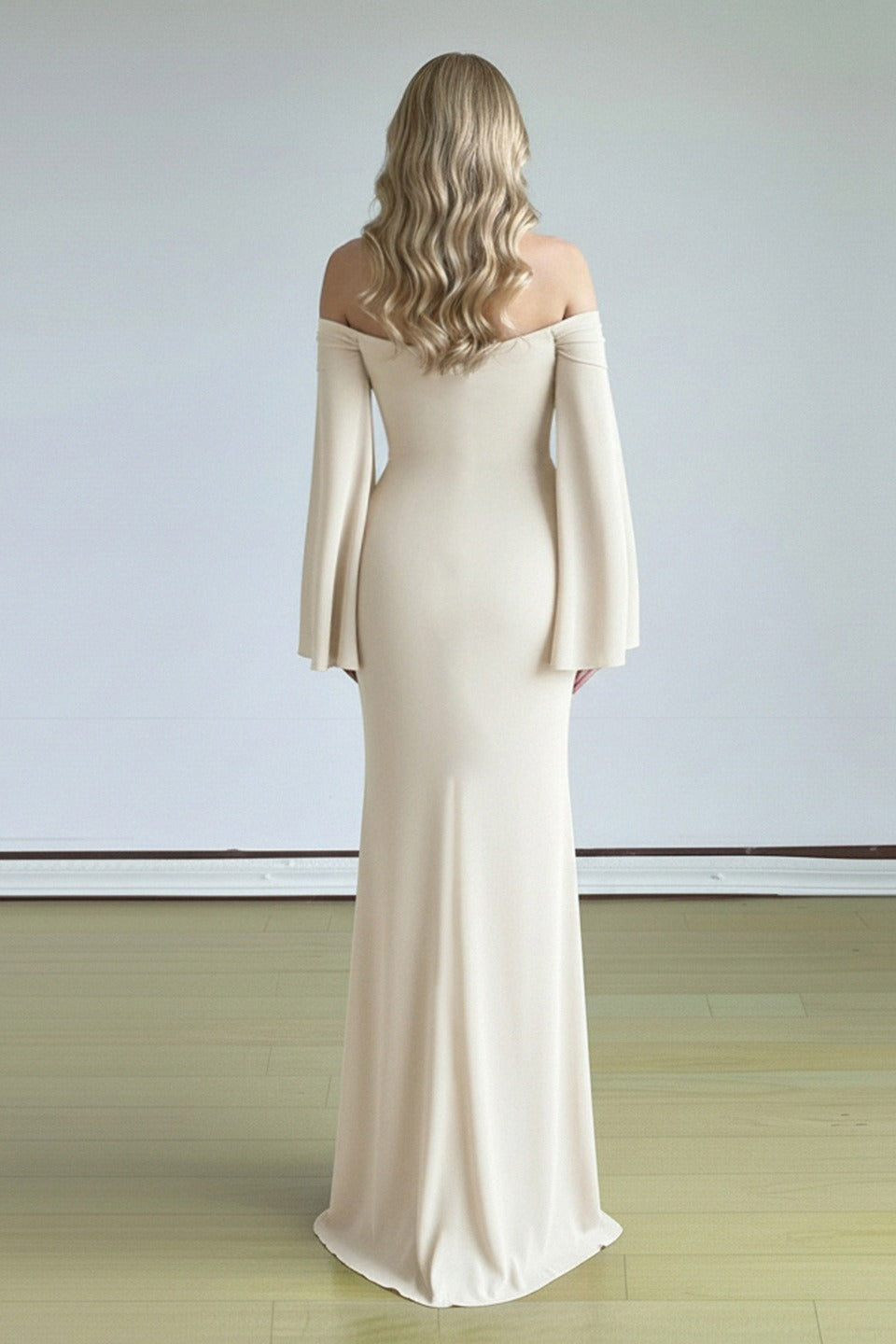 Off Shoulder Bell Sleeve Sweetheart Ruched Mermaid Gown - View 2