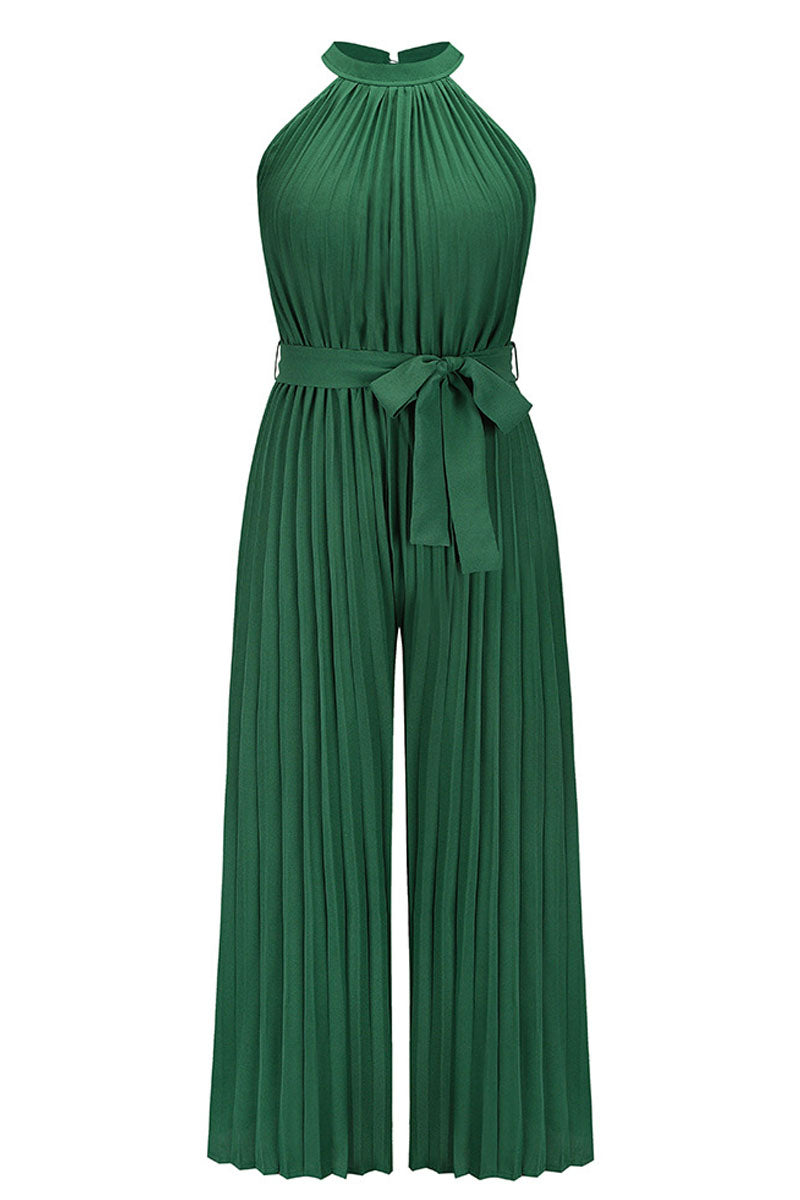 Accordion-pleated Belted Grecian Neck Sleeveless Jumpsuit Fashionpara