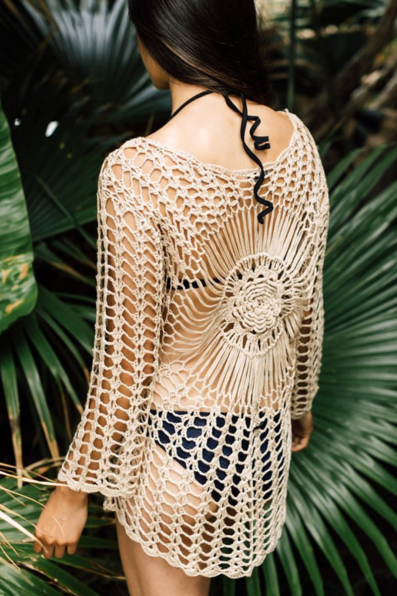 Crochet Hollow Out Long Sleeve Cover Up - Fashionpara
