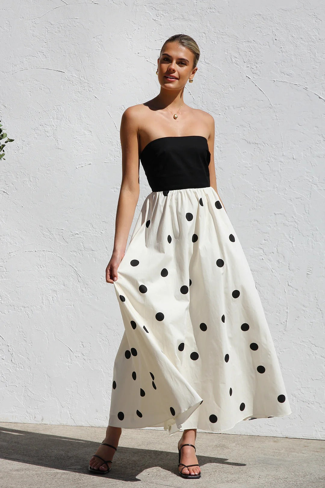 Polka Dot Print Strapless A-Line Maxi Dress - Fashionpara