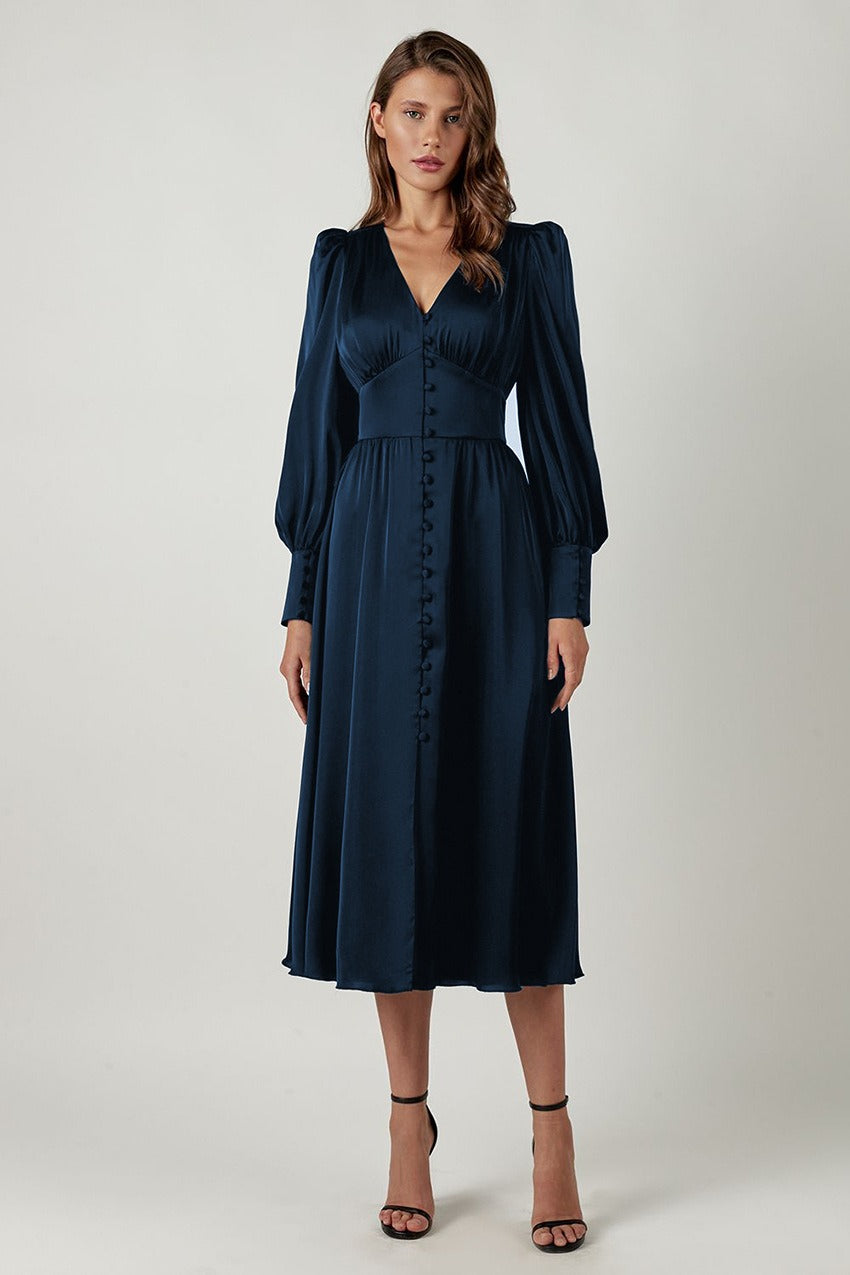 Vintage Satin Puff Sleeve Tailored Midi Dress