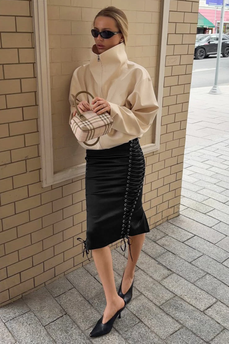 Lace-Up Satin Midi Skirt