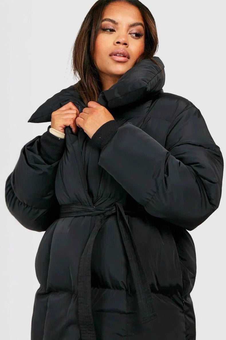 Oversized Solid Color Belted Puffer Jacket 2