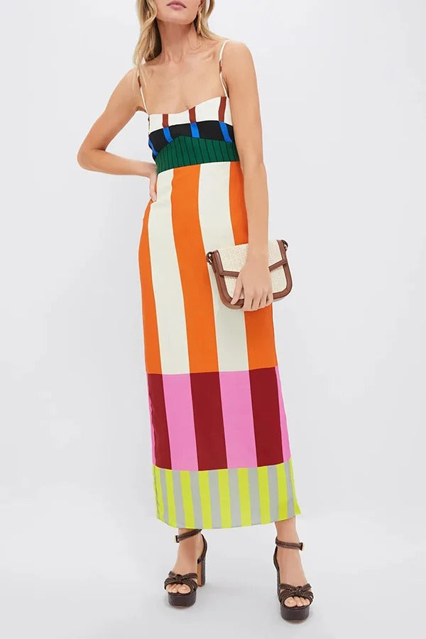 Beach Moment Linen Blend Unique Color Block Slip Maxi Dress - Fashionpara