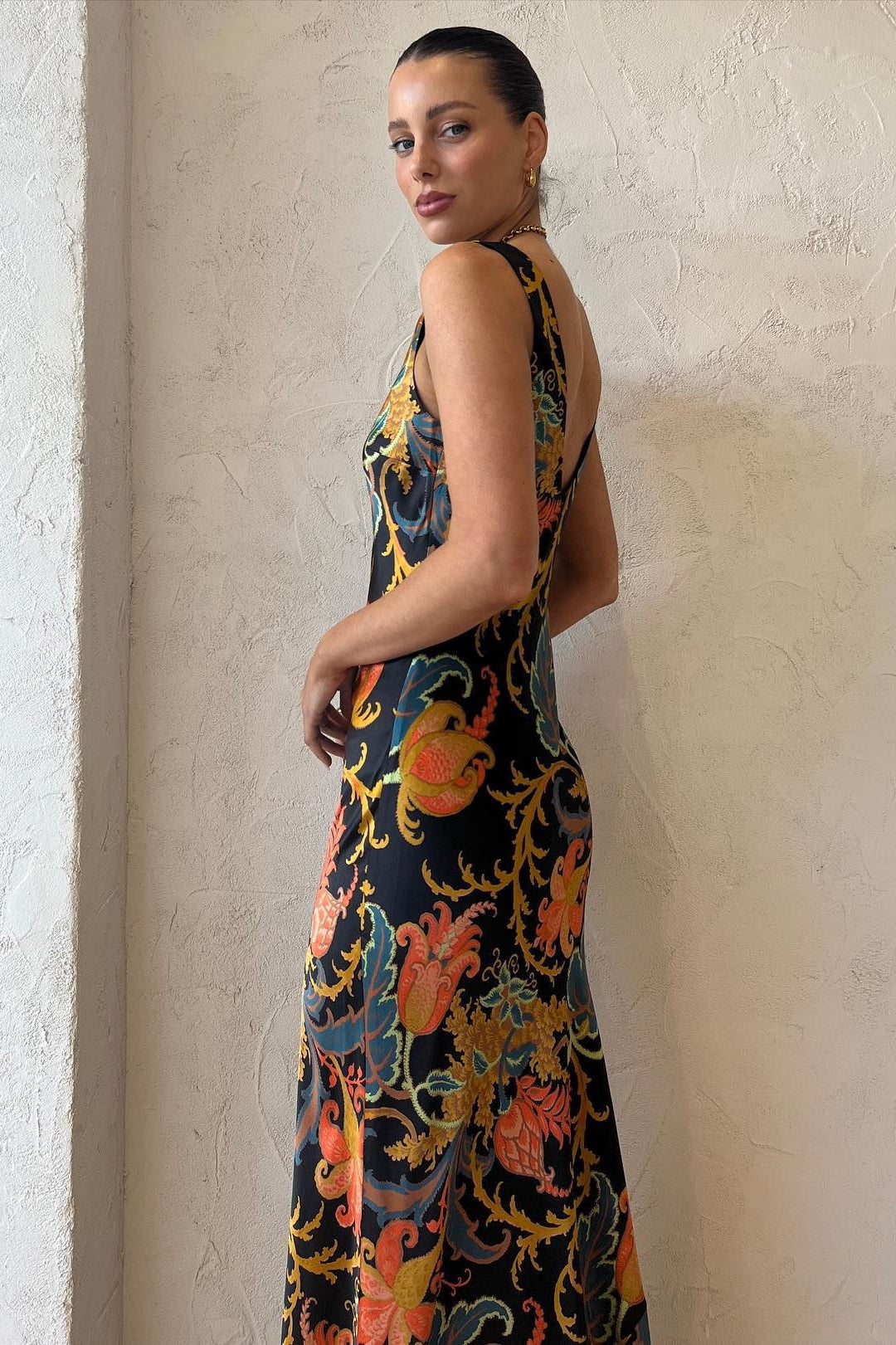 Satin VNeck Floral Maxi Silk Dress - View 2