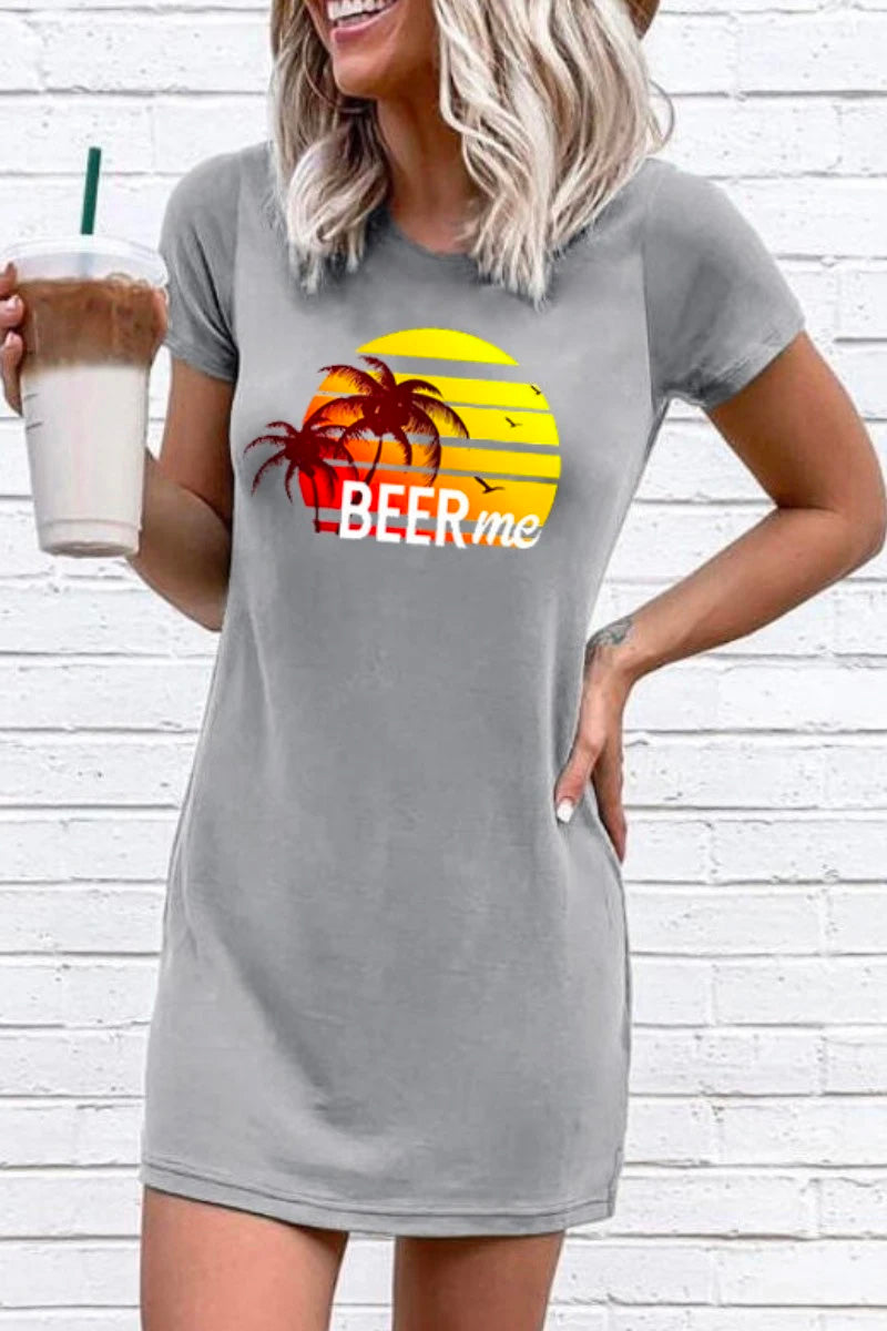 O Neck Sunshine Print Grey Mini Dress - Fashionpara