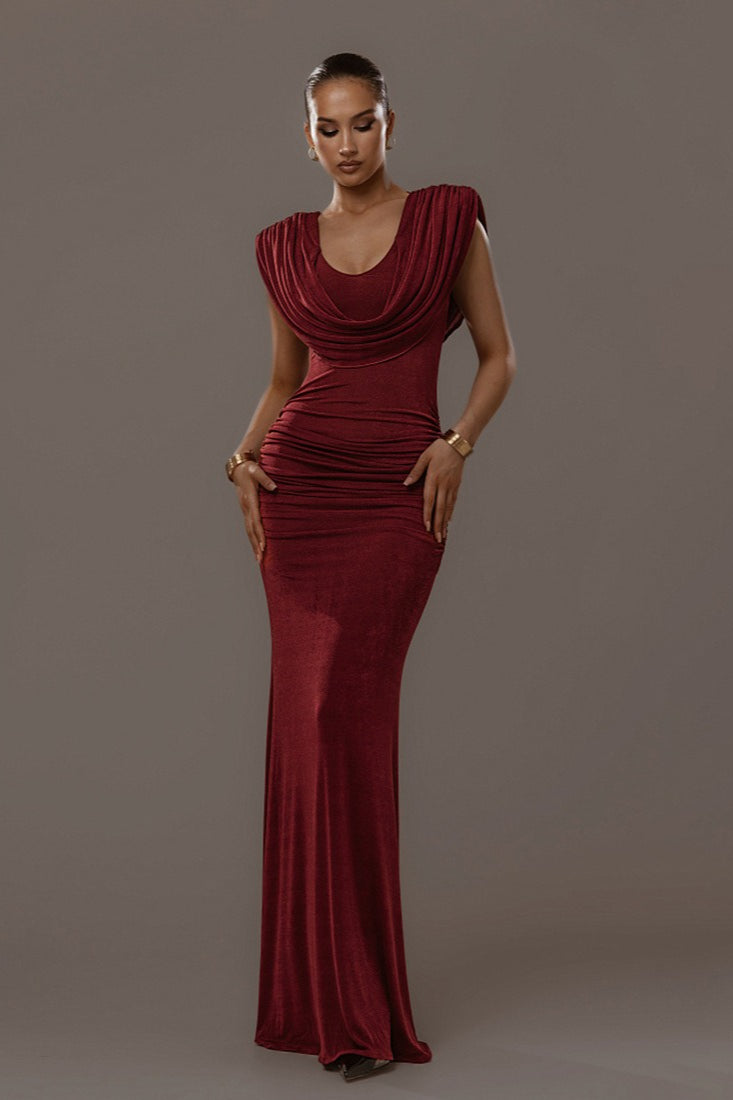 Cowl Neck Draped Ruched Bodycon Mermaid Maxi Dress