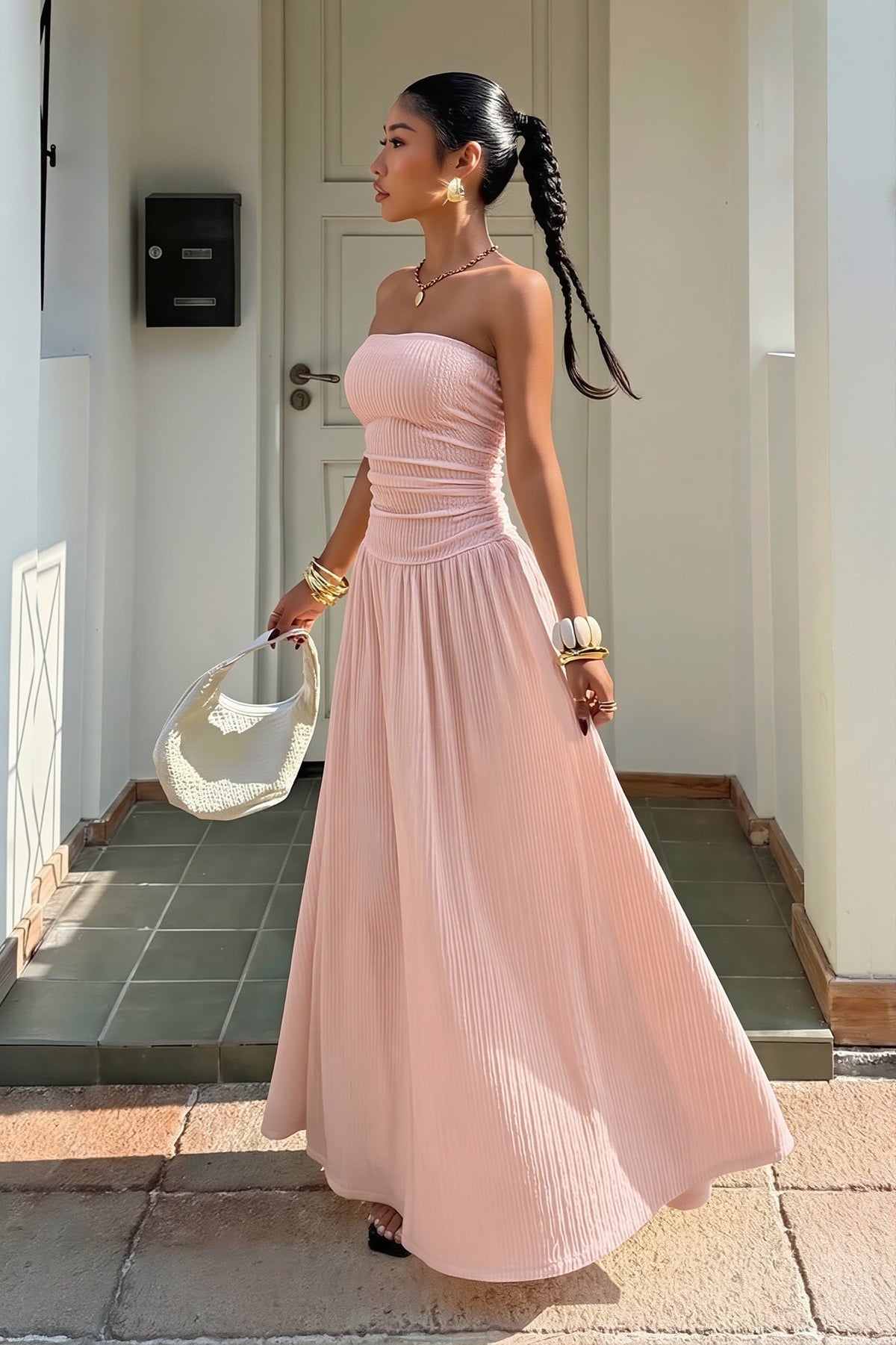 Strapless Ruched Drop Waist A-Line Maxi Dress