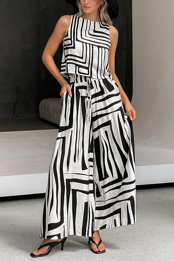 Striped Printed Sleeveless Casual Top and Elastic Waist Loose Pocket Wide-leg Pants Set - Fashionpara