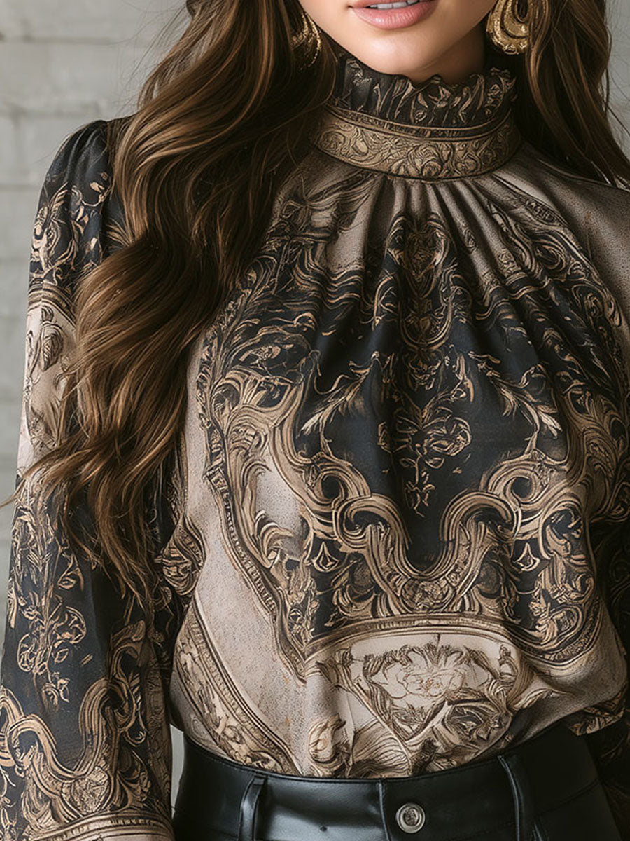 Vintage Baroque High Neck Black & Gold Puff Sleeve Blouse - Fashionpara
