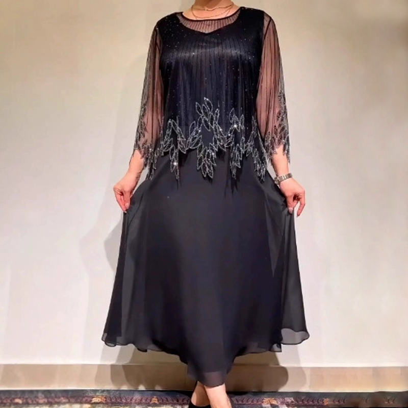Embellished Sheer Long Sleeve Chiffon A-Line Midi Dress