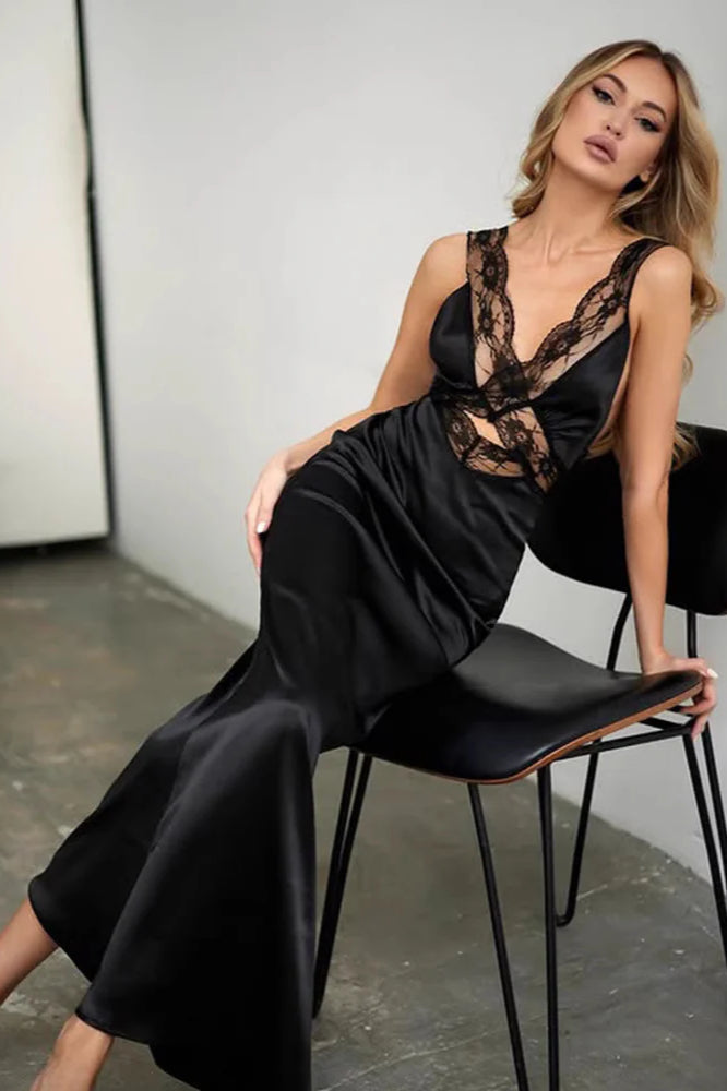 Sexy Lace Cut-out V-neck Satin Paneled Bodycon Maxi Dress