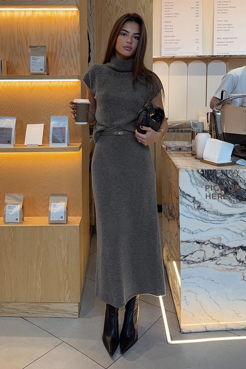High Neck Short Sleeve Knit Top Midi Skirt Set
